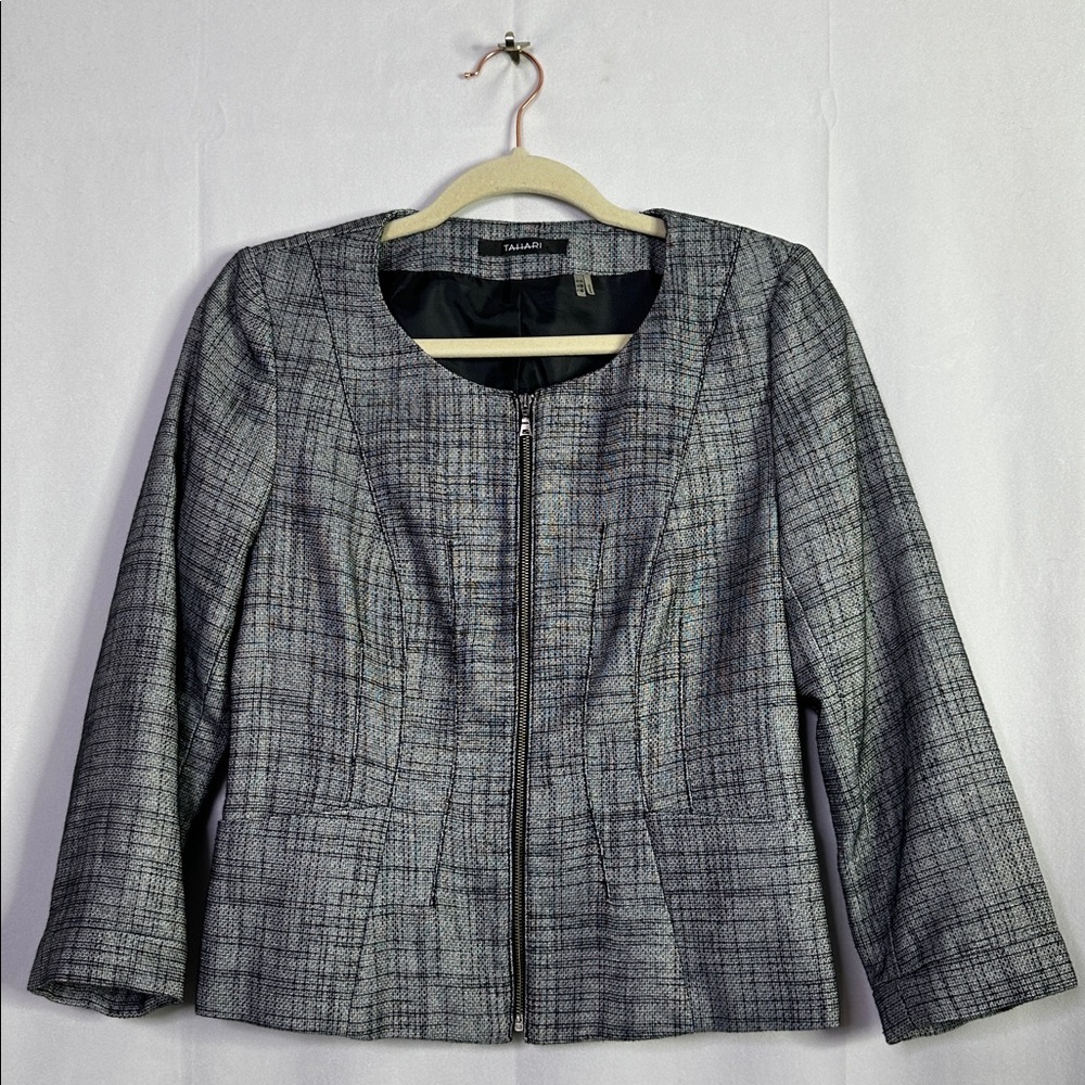 Tahari Tweed Jacket Gray Black Lined Full Zip Front 3/4 Sleeve Blazer - Picture 1 of 6